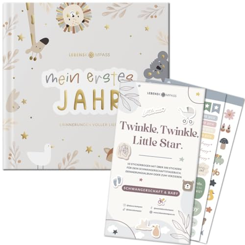 Lebenskompass Geschenk Set für Babys - Babyalbum PURE + Baby Sticker Set mit über 500 Stickern - Das Babytagebuch & Erinnerungsbuch für Mädchen und Jungen als tolles Geschenk zur Babyparty