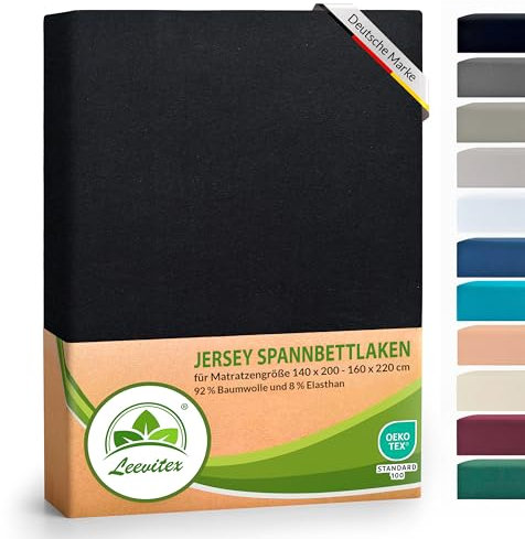 leevitex® Luxus Elasthan Jersey Spannbettlaken | 140x200 – 160x220 cm | Multistretch | 250 g/m² | 92% Mako-Baumwolle und 8% Elasthan | 40cm Steghöhe | außergewöhnlich hochwertige Ausführung | Schwarz