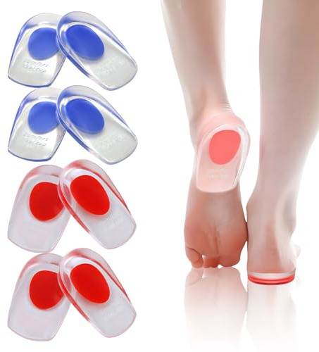 JINGIHE 4 Pairs Gel Heel Pads, Plantar Fasciitis Support Cushions, Shock-Absorbing for Heel Pain & Achilles Tendonitis, Self-Adhesive Reusable, Blue Red, Size (UK 4-7/EU 35-39)