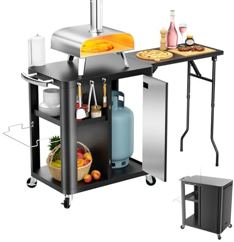 GFTIME Carrito de barbacoa, mesa de barbacoa con mesa auxiliar plegable, cocina para exteriores con ganchos, estantería de almacenamiento y armario, carrito de servir con ruedas, cocina exterior, 143