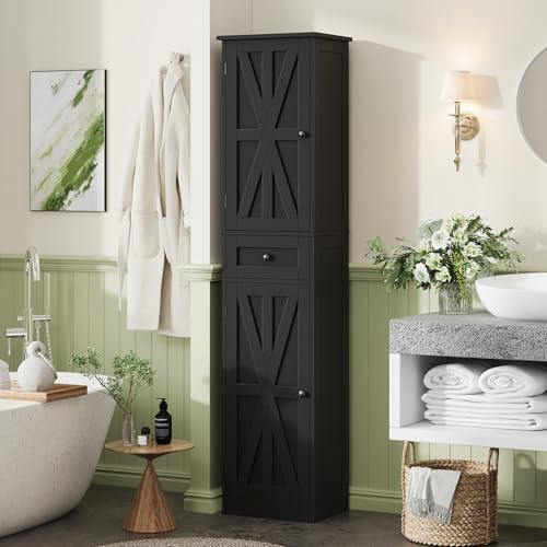 Halitaa 67 H Tall Bathroom Cabinet, Narrow Storage Cabinet with 2 Barn Doors and 1 Drawer, Freestanding Floor Cabinets with 6 Shelves for Bathroom, Living Room, Kitchen, Black