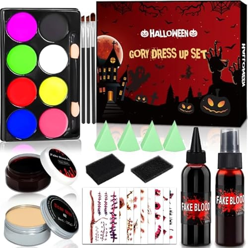 MKAKYES Faux Sang Halloween Set, 44 Pièces Kit de Maquillage Halloween pour Visage, Spray Faux Sang, Cire de Cicatrice, 8 Couleurs Palette Maquillage, Adapté au Maquillage Halloween, Zombie, Vampire