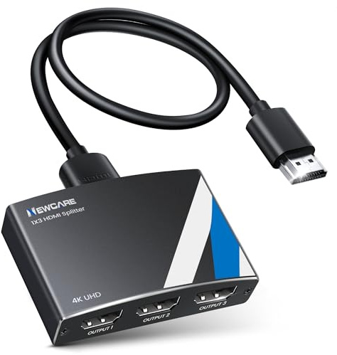 NEWCARE HDMI-splitter 1 i 3 Out, 4K HDMI-splitter 1 i 3 ut samtidigt, Hbelyst distributör 1 i 3 out, hdmi splitter 3 skärmar samtidigt Full HD HDTV Blu-Ray DVD, Fire Stick (Inte Extended Display)