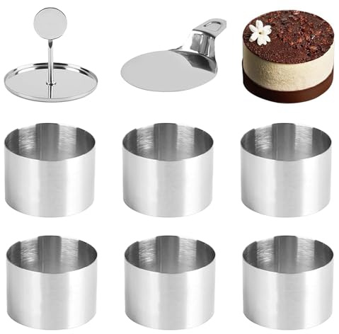 Joyeee Molde para Tartas, 6 Moldes de Acero Inoxidable para Tartas de 3 Pulgadas, Moldes para Mousse con Empujador y Elevador, Herramientas para Hornear Panqueques, Pasteles y Postres
