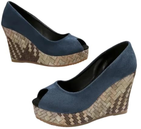 XHZPF Scarpe singole con tacco alto con tacco alto con tacco a cuneo bocca per donne in autunno, nuova scarpa singola poco profonda(Blu,42)