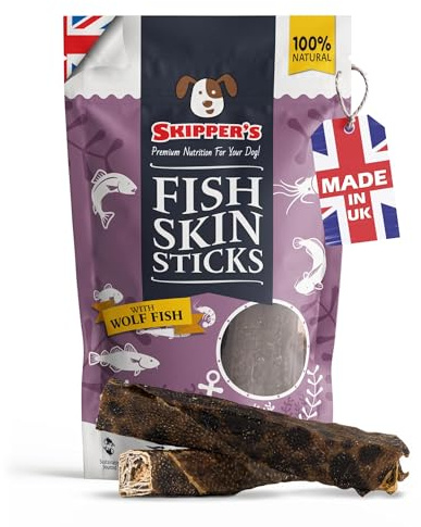 SKIPPER'S Wolf Fish Skin Sticks - Handmade & Gently Air-Dried, Healthy & Long Lasting Dental Chews, Essential Omega 3 Oils, High in Protein, Grain Free, Removes Plaque | Regular (250g)