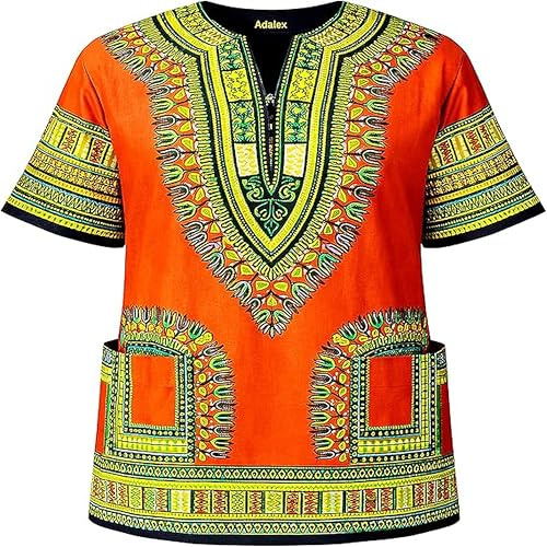 Adalex Global Traditionell afrikansk unisex Dashiki-skjorta färg tribal festival hippie, perfekt för män kvinnor afrikansk kortärmad sommarkläder + nosemask gåva, Orange grön, M
