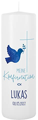Herz & Heim® Konfirmationskerze mit Gratis Aufdruck des Namens u. des Datums 8 x 25 cm Taube blau