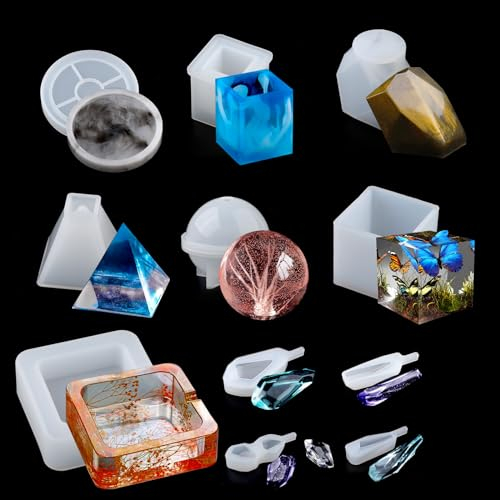 WIKIMO 11 Stück Silikonformen Gießformen Epoxidharz Formen für Sphärische, Kubische, Pyramide, Kristal, Kugel, Gips zum Gießen für Anfänger und Heimwerker