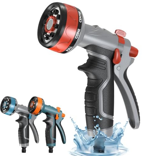 Hose Pipe Spray Gun, Garden Hose Spray Gun, Hose Spray Gun, Garden Hose Nozzles & Spray Guns, Hose Gun for Garden Hose, Garden Hose Gun with 8 Spray Patterns & Flow Control (Red&Grey)
