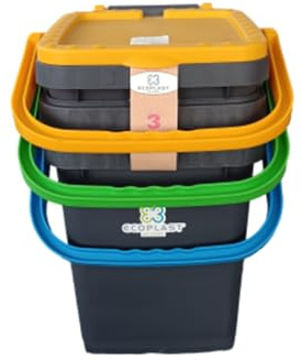 Ecoplast | Tris di Pattumiere per Raccolta Differenziata 20 Lt, Colori Assortiti Giallo/Verde/Blu, 34,5x34,5x34,5, Made in Italy