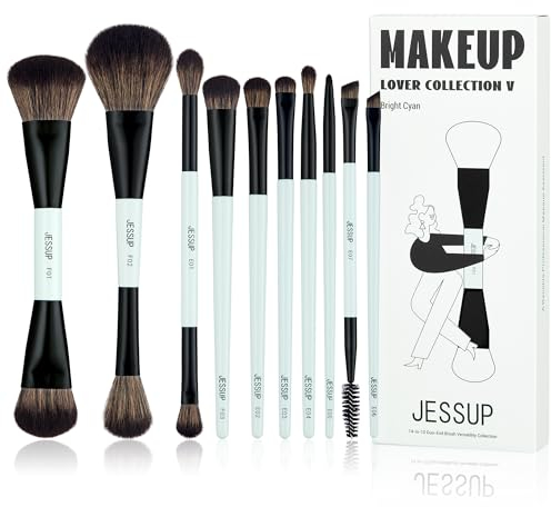 Jessup Pinselset Make Up Set, 10tlgs Makeup Pinsel, 14-in-10 Duo-End Vielseitigkeitskollektion, Foundation Puder Lidschatten Kontur Eyeliner Highlighter Rouge Pinsel, helles Zyan T500