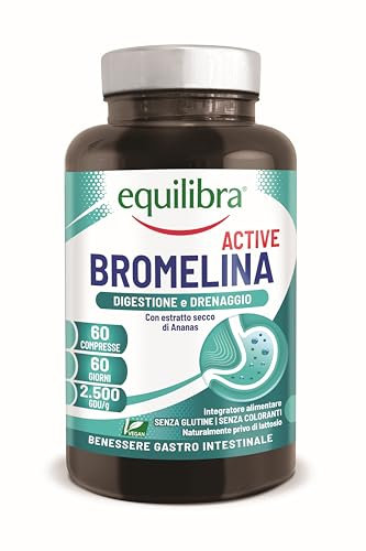 Equilibra, Bromelina Active, 500 mg | 2500 GDU/g, 60 Compresse Vegan per 2 Mesi, Bromelina Forte, Funzione Digestiva e Drenante, Contrasta la Sensazione di Pesantezza delle Gambe