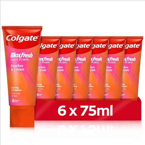 Colgate Max Fresh Fruit Fusion Peaches & Cream Flavoured Toothpaste 6 X 75ml - Fruit Flavours with Refreshing Mint - with Freshfx Technology - Fluoride Protection - Fights Cavities - Protects Enamel