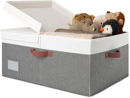 GRANNY SAYS Fabric Storage Box with Lid, Large Storage Box for Shelves, Decorative Storage Basket Organizer, Foldable Storage Bin with Lids for Wardrobe Organizing Clothes, Extra Large, White&Grey
