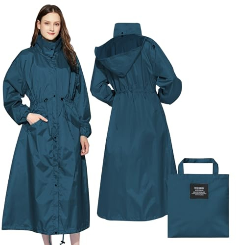 Nsyee Manteau de pluie pour femme, manteau de pluie long imperméable léger et coupe-vent, taille unique, vêtements de pluie d'extérieur avec capuche pour l'équitation, longue veste de pluie à capuche