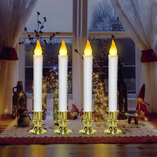 CHYParty Battery Operated Christmas Window Candles with Timer, 4 Pack Realistic Flickering Flameless LED Lights with Suction Cups for Holiday Decor on Windowsill, Mantel, Fireplace