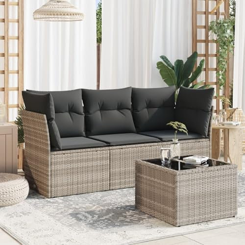 Homgoday Juego de 4 sofás de jardín con cojín, muebles de jardín, salón, balcón, sofá de jardín, muebles de balcón, sofá de jardín, balcón, sofá y jardín, gris claro