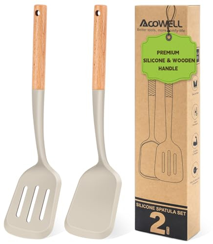 Pack of 2 Silicone Spatula Set with Elegant Wooden Handle, Heat Resistant Solid & Slotted Turner for Non Stick Pans, Great Kitchen Spatulas, Cooking Utensils for Sautéing, Frying and Flipping