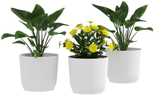 Outsunny Set of 3 Plastic Round Plant Pots Outdoor 22cm, Garden Planters, Flower Pots for Garden Decoration, Patios, Indoor, Outdoor, Home, White