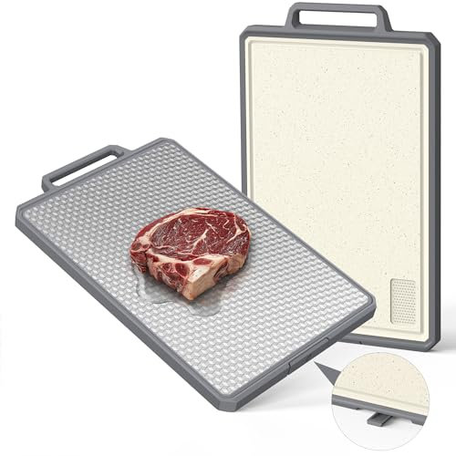 SKERITO Chopping Board Double Sided Thick 304 Stainless Steel and Plastic Cutting Board for Kitchen 40cm X 27cm Large Kitchen Board with Juice Groove Handy Handle and Bottom Bracket Food-Grade
