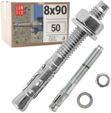 Tasselli Muro 8x90 mm, 50 Pezzi Acciaio Zincato, Bulloni Espansione per Calcestruzzo e Cemento Armato, Tassello Ancorante con Dado e Rondella, Ideale per Pergola, Cancello, Recinzione, Lun Fix