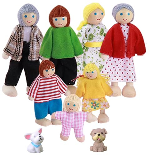 LYPPUL 9 Pezzi Set di Bambole in Legno per Famiglie, Casa delle Bambole in Legno Con 2 Cane, Bambole Famiglia, Set Famiglia di Persone, di Famiglia Mini Bambola Famiglia Fai Finta Accessori Regalo