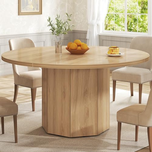 HSH Wooden Round Dining Table for 4, Modern Farmhouse Wood Dinner Table with Octagon Pedestal Base, Circular Kitchen Dining Room Table for Home, Apartment, Living Room, Light Oak, 120 CM