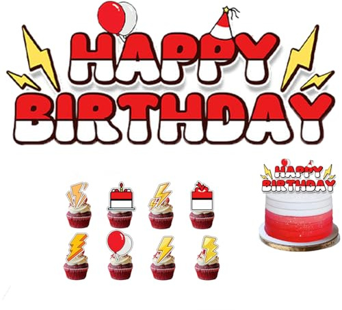 Cartoon Birthday Cake Topper, Cartoon Cake Decorations，Anime Cake Toppers - RETWOT 13Pcs Glitter Red White Cake Decor Set with Lightning Design for Anime Theme Birthday Parties (1 Large + 12 Small)