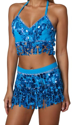 Conjunto de Danza del Vientre para Mujer Top de Danza del Vientre con Flecos y Pañuelo para la Cadera con Lentejuelas y Borlas Traje Belly Dance Disfraces de Halloween Carnival (04-Blue, One Size)