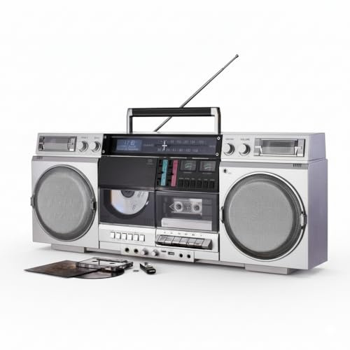 EUROtops DAB+-Boombox „Retro 1980er“ – Kassettendeck, CD, Bluetooth, USB, MicroSD, Radio, Aufnahmefunktion