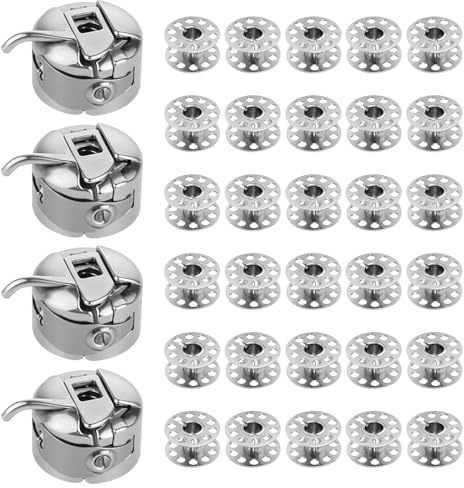 4 Pcs Bobbin Case and 30 Pcs Sewing Machine Metal Bobbins,Universal Metal Bobbin Cases,Heavy Duty Bobbin Case for Home Sewing Machines(Silvery）