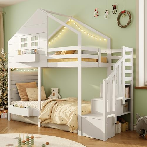 Miyemo Bunk Bed for Kids, 3ft Loft Bed with Storage Stairs & Guardrail, Children's Cabin Single Bed with Window, Solid Wood, 90x190cm, White, (No Mattress)