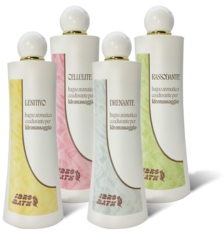 Bagni Aromatici a base di Oli Essenziali Idrosolubili per Vasca Idromassaggio. Kit 4 pz x 400 ml (Lenitivo, Cellulite, Rassodante, Drenante) con Dosatore in Omaggio