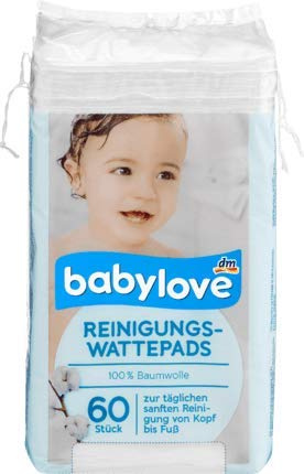 Babylove 60 almohadillas de algodón para limpieza de la piel, sin cloro, de algodón, rectangulares
