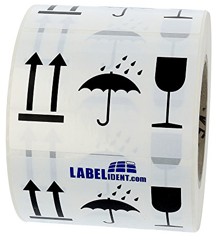 Warnetiketten 150 x 100 mm - Paket Aufkleber Pfeile - Glas - Schirm - Seite nach oben/Vor Nässe schützen/Zerbrechlich - 500 Versandaufkleber auf 1 Rolle(n), Polyethylen