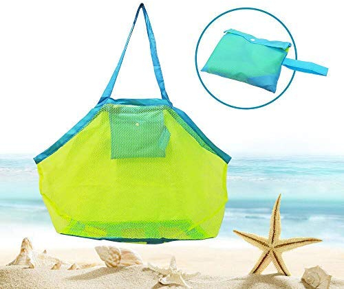 grande borsa da spiaggia in rete per giocattoli sabbia via borsa con cerniera per bambino piscina viaggio Sandy scarpe Wet asciugamani 45,7 x 30,5 x 45,7 cm verde maglia blu cinghie