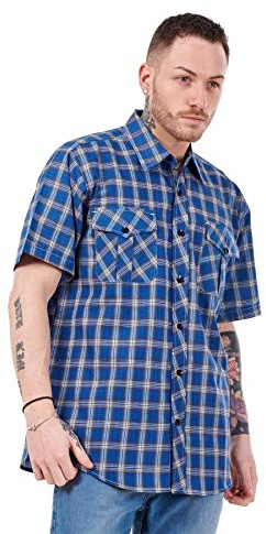 Malay Mens Regular Big Size Shirts Checked Cotton Blend Casual Short Sleeve Blue M-5XL