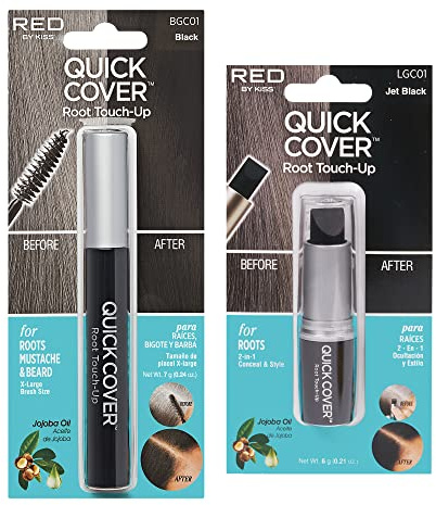 RED by Kiss Quick Cover Gray Hair Touch Up, Moisturize and Shine, Brush Type & Stick Type Set (Black)