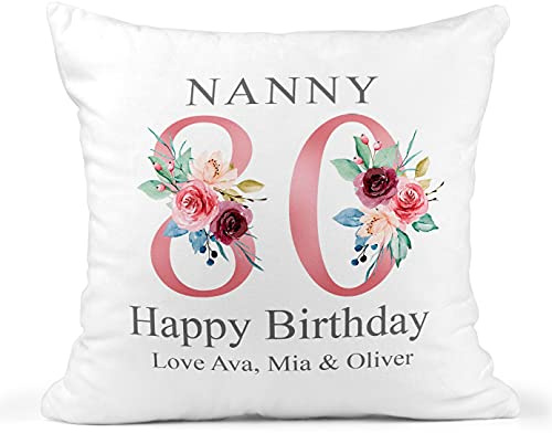 80th Birthday Personalised Cushion - Floral Number Eighty With Names Keepsake Gift