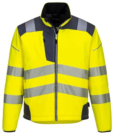 Portwest T402 Men's PW3 Hi Vis Safety Jacket - Windproof Water Resistant High Visibility Reflective Softshell Jacket Yellow/Grey, XX-Large