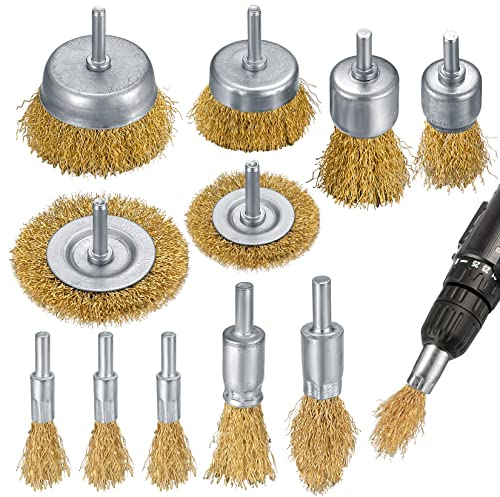 11 Stk Drahtbürste Set, Messingbürste Bürstenaufsatz Metall, Metallrad und Topfdraht Bohrbürsten mit 1/4-Zoll Schaft für Bohrmaschine Abtragen Polieren Holzentfernung