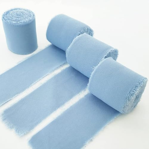 TONIFUL 4 rotoli di 3,8 cm di azzurro polveroso e azzurro chiaro, nastro in mussolina di seta fatto a mano con frange, set di nastri in mussolina per inviti di nozze, mazzi di fiori da sposa