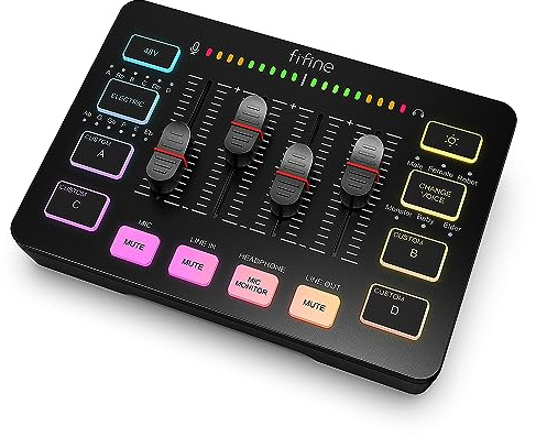 FIFINE Gaming Audio Mixer, Streaming RGB PC Mixer with XLR Microphone Interface, Individual Control, Volume Fader, Mute Button, 48V Phantom Power, for Podcast/Recording/Vocal/Game Voice-AmpliGame SC3