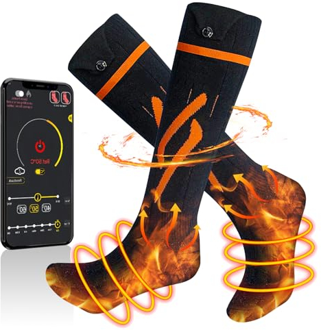 Fwoueot Beheizbare Socken Damen Herren, APP-Fernbedienung Elektrische Beheizte Socken, Heizsocken mit 3 Wärmeeinstellungen, 60℃ Fußwärmer für Skifahren Jagd Camping Reiten Außen Winter
