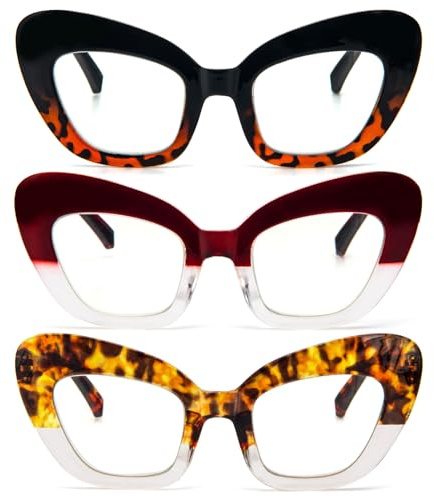 KoKoBin 3-pack överdimensionerade läsglasögon kvinnor katt ögon fjäder gångjärn datorglasögon anti-blått ljus blockerande datorglasögon (3 Pack, 3.5)