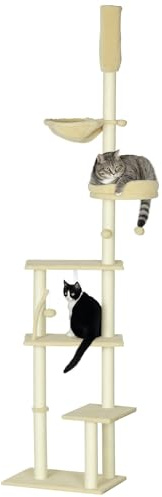 PawHut Floor to Ceiling Cat Tree for Indoor Cats, 6-Tier Play Tower Climbing Activity Center with Scratching Post, Platforms, Bed, Hammock, Adjustable Height 230-250cm, Beige