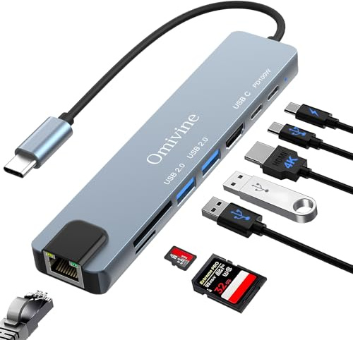 USB C-hub med ethernet-adapter, 8-i-1 USB C-multiportsplitter med 100 W PD, 4K HDMI, USB 3.0, typ C-port, SD/TF-kortläsare smal USB C-adapter för iPhone 15, MacBook, iPad, Samsung, yta