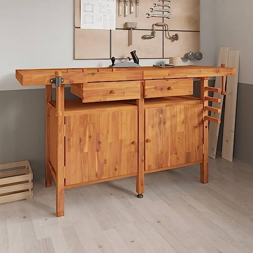 BAZZI Mobiletto, Banco da Lavoro, Tavolo da Lavoro, Tavolo Lavoro, Banco Lavoro Cassetti e Morse 162x62x83cm Legno Massello Acacia