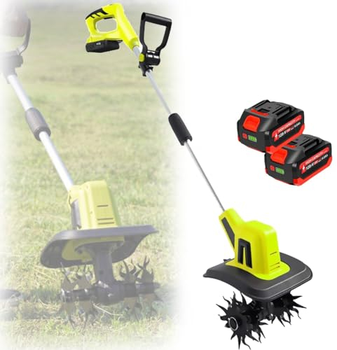 FAcoLL Cordless Garden Rotavator, Electric Garden Tiller Cultivator with 4 Steel Blades, 2 Battery and 1 Charger, Garden Rototiller Tiller for Lawn Field Soil Cultivation